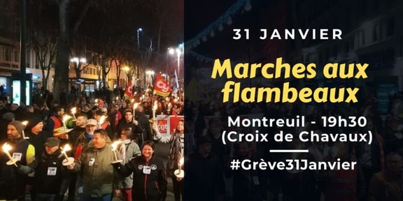  1 personne, sur scène et foule, texte qui dit ’31 JANVIER Marches aux flambeaux Montreuil 19h30 (Croix de Chavaux)’