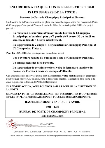 Rassemblement à Champigny vendredi 19 avril 10H
