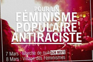 one or more people, text that says 'POUR UN FEMINISME POPULAIRE ANTIRACISTE 7 Mars Marche de MIXTE 8 Mars Féminismes'